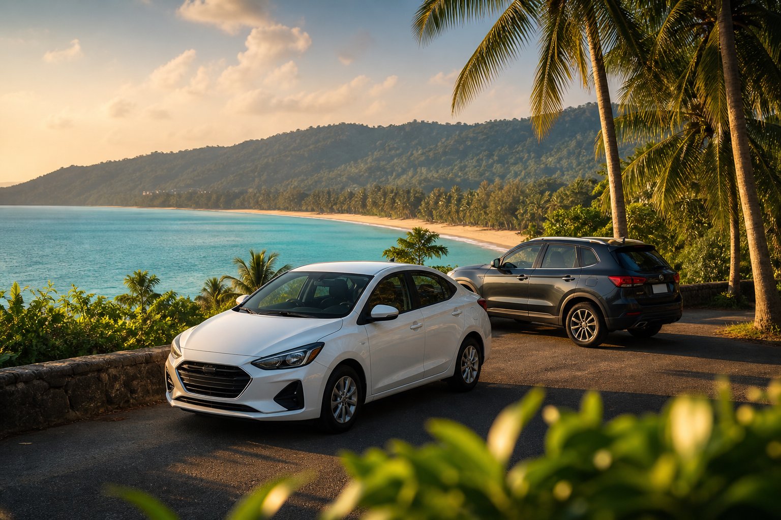 Rental cars on a coastal viewpoint in Khao Lak at sunset