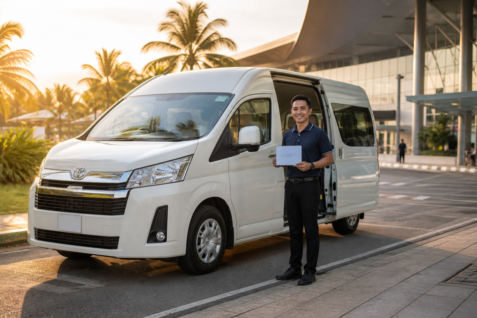 Private van pickup at a tropical airport
